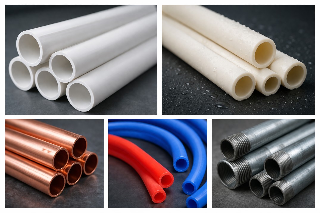 Different types of plumbing pipes including PVC, CPVC, copper, PEX and galvanized pipes shown in a collage layout for modern plumbing systems